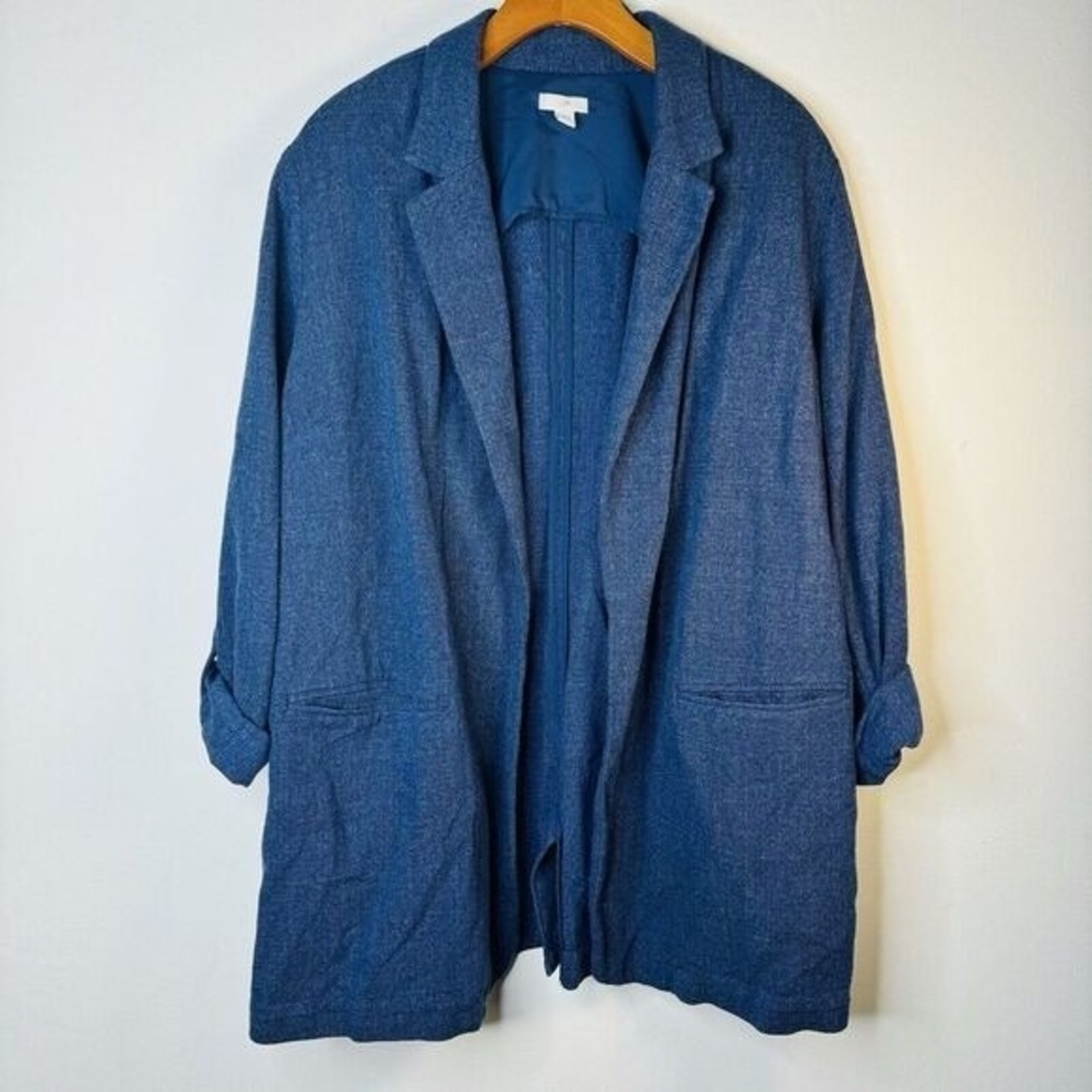 J. Jill Blue Slat Open Front Tab Sleeve Blazer Jacket Size Large Casual Preppy